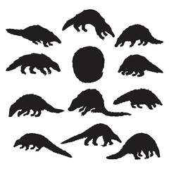 Illustration of a pangolin silhouette with circular scales, Pangolin animal vector