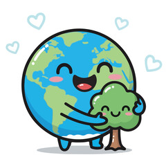 Earth Day Adorable cartoon globe character hugging a cute tree with hearts floating, promoting environmental awareness and love for nature