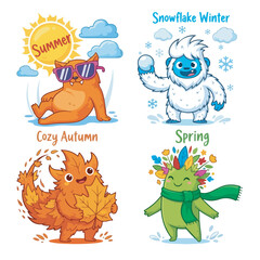 Naklejka premium Whimsical Seasonal Creatures Cartoon Characters Celebrating the Four Seasons