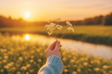 Hand Holding Wildflowers at Sunset in Mountain Meadow – Romantic Golden Hour Nature Scene