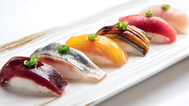 Elegant Selection of Edomae Sushi Nigiri on a White Plate with a Touch of Green Onion Garnish