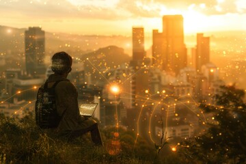 Person sits on a hilltop overlooking a cityscape at sunrise, laptop open.