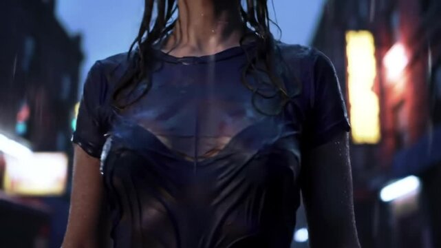 Young Woman in Wet Clothes Standing in Rainy Cityscape with Blurry City Lights