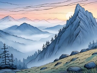 Serene Mountain Landscape with Misty Valleys at Sunrise, a Peaceful Alpine Vista