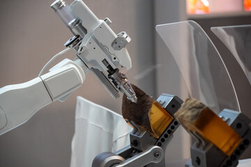 Industrial machine and factory robot arm, Smart factory industry concept.