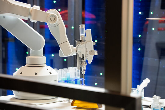 Industrial machine and factory robot arm, Smart factory industry concept.