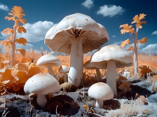 A surreal scene of luminous mushrooms in an otherworldly landscape, capturing the strange beauty of nature's unexpected treasures. 