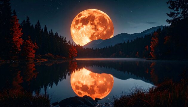 Autumn lake, full moon