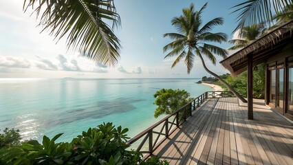 Fototapeta premium tropical beach with palm trees and blue sky