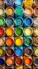 Vibrant assortment of spices and edible glitter in glass jars