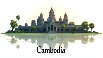 3d illustration of Angkor Wat with reflection and sunrise light, and the word 'Cambodia' beneath. Symbol of Khmer heritage and spirituality.