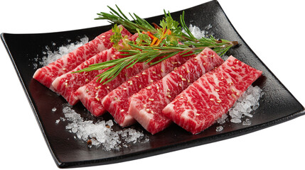 Rare sliced Wagyu beef on black plate, shabu shabu style, isolated on tranparent background 