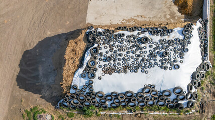 Aerial view of a covered silage bunker at a dairy farm