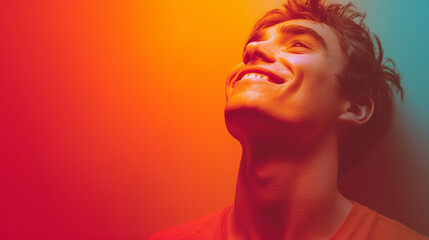 Young man smiling with optimism, gazing upward; a portrait of hope and positivity.