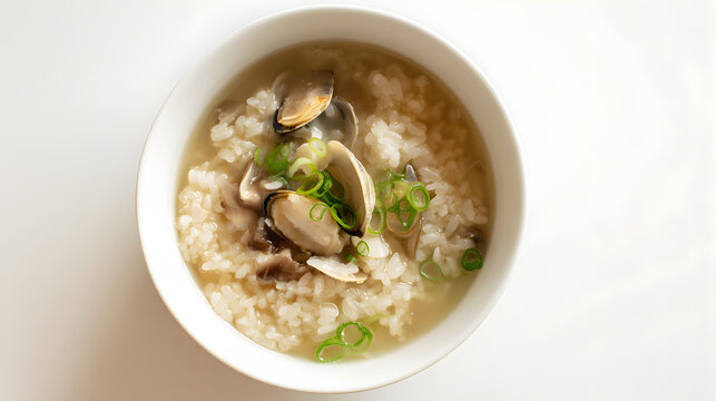 Traditional Fukagawa Meshi Bowl with Clams and Green Onions in a Comforting Broth on a Light Background