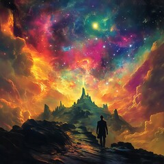 Fototapeta premium Arcane Horizon A surreal horizon where ancient silhouettes merge with radiant cosmic colors epic and visionary