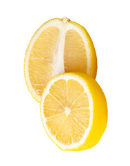 Top view of ripe yellow lemon fruit in  ellipse half and circle slice in stack isolated on white...