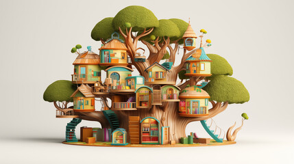 Colorful 3D illustration of diverse children building a cardboard castle together, smiling and laughing, teamwork and creativity, isolated on a pure white background, PNG format

