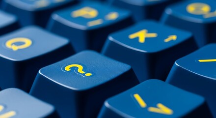 A detailed macro view of blue keyboard keys with yellow symbols, including a prominent question mark, emphasizing input and digital communication