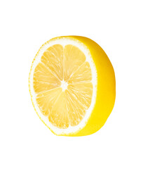 Front view of ripe yellow lemon fruit in single circle slice isolated on white background with...