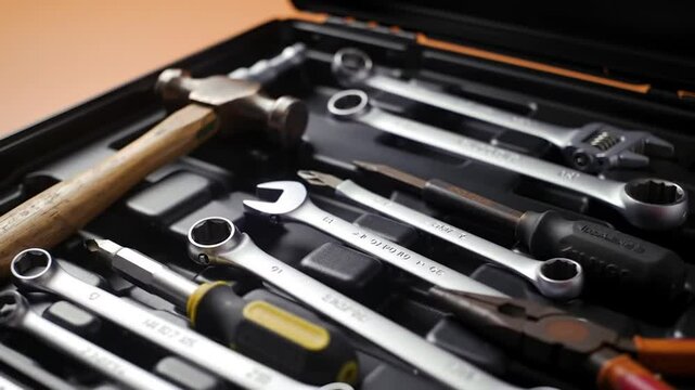 Assortment of Wrenches and Tools inside Black Toolbox on Warm Orange Background A Top Down View Workshop Essential