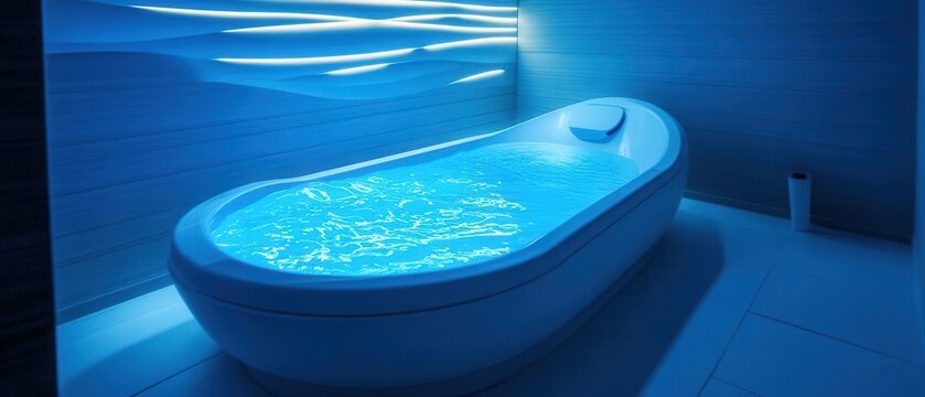 Float tank therapy scene rippling water surface ethereal blue lighting