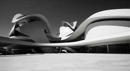 Obraz premium Modern Architectural Structure with Flowing Forms in Black and White.