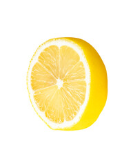 Front view of ripe yellow lemon fruit in single circle slice isolated with clipping path in png...