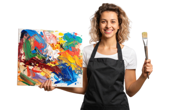 Creative Female Artist Holding Paintbrush and Canvas, isolated on a transparent background”