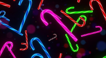 Bright neon candy canes in electric shades appear to fall slowly in a seamless endlessly looping holiday background