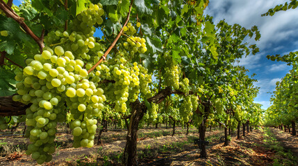 Fototapeta premium Sunlit vineyard with abundant clusters of green grapes hanging on branches of trees.