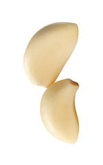 Side view of two peeled garlic cloves or pieces in stack isolated with clipping path in png file format