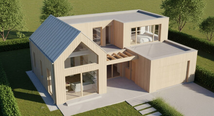Fototapeta premium Modern Light Beige Wooden House with Elevated Roof and Garage.