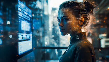 Fototapeta premium Cyberpunk woman hacker surrounded by holograms and computers in a futuristic control room. Concept of artificial intelligence, coding, and cybersecurity.