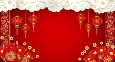 Auspicious red backdrop featuring hanging lanterns, ornate gold coins, and decorative red envelopes.