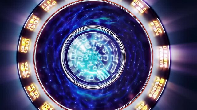 Abstract portal spinning with energy, space-time vortex in a technological glowing gate