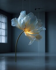 Elegantly Suspended Tulip Sculpture in Minimalist Architecture, Floating Floral Art Creating Surreal Ambiance