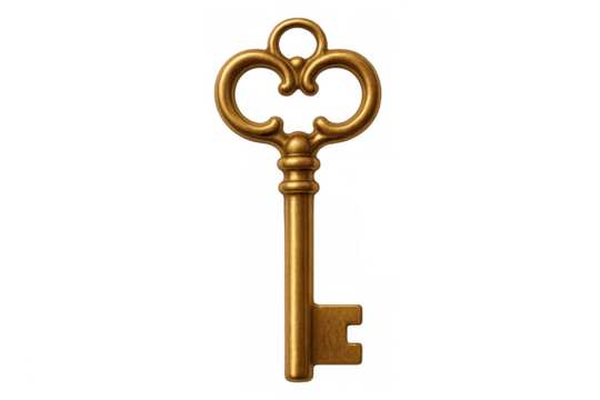 Golden vintage key with intricate design, symbolizing unlocking secrets against transparent backdrop