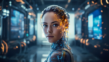 Obraz premium Futuristic female cyborg portrait with intricate cybernetic details and glowing elements. AI, robotics, and advanced technology concept for a sci-fi vision. Cyborg 4K Wallpaper backgrounds 