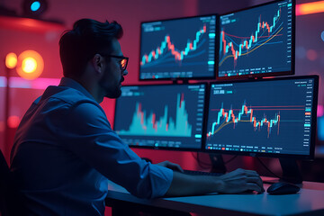 Stock trader monitoring market performance on multi-screen workstation

