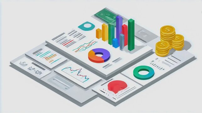 financial dashboard analytics isometric view isolated on white