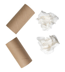 Top view set of two screwed or crumpled white tissue paper balls after use with two tisuue paper cores or tubes isolated on white background with clipping path