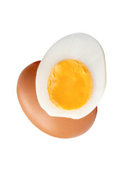 Front view of raw brown chicken eggs and cooked or boiled chicken egg with egg yolk in half in stack isolated on white background with clipping path