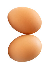Top view of two fresh brown chicken eggs in stack isolated on white background with clipping path