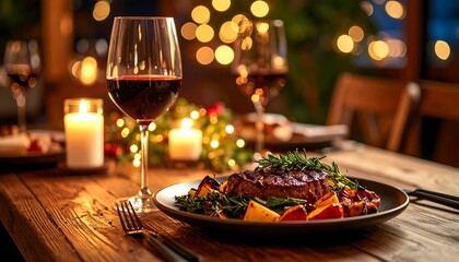 Romantic dinner with steak and wine