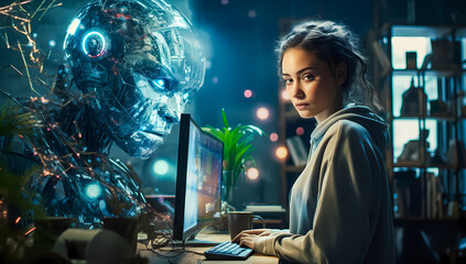 Futuristic female cyborg portrait with intricate cybernetic details and glowing elements. AI, robotics, and advanced technology concept for a sci-fi vision. Cyborg 4K Wallpaper backgrounds	