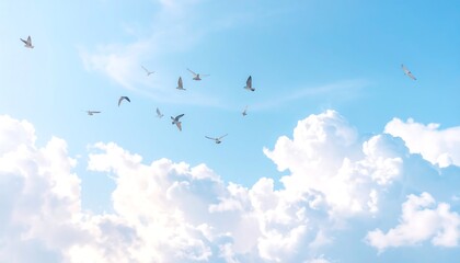 Fototapeta premium Flock of birds soaring through a bright blue sky dotted with fluffy white clouds