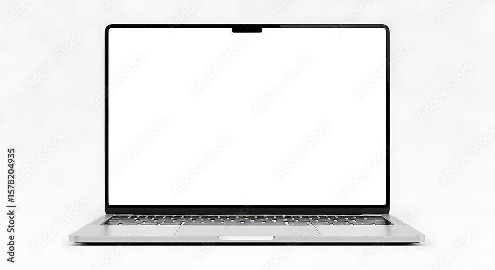 Fototapete a modern silver laptop with a blank white screen and keyboard is displayed in a frontfacing view, is
