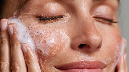 Fototapeta premium Woman Cleansing Face with Foam Soap Facial Care
