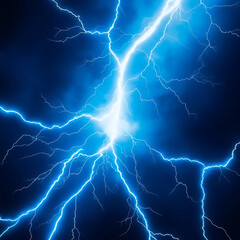 Vivid blue lightning strikes across a dark, stormy, and dramatic night sky.